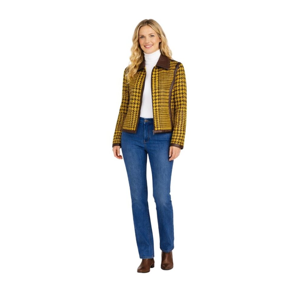 VTG PHILOSOPHY DI Wool Houndstooth Vintage Yellow & Brown Wool Jacket Faux Trim